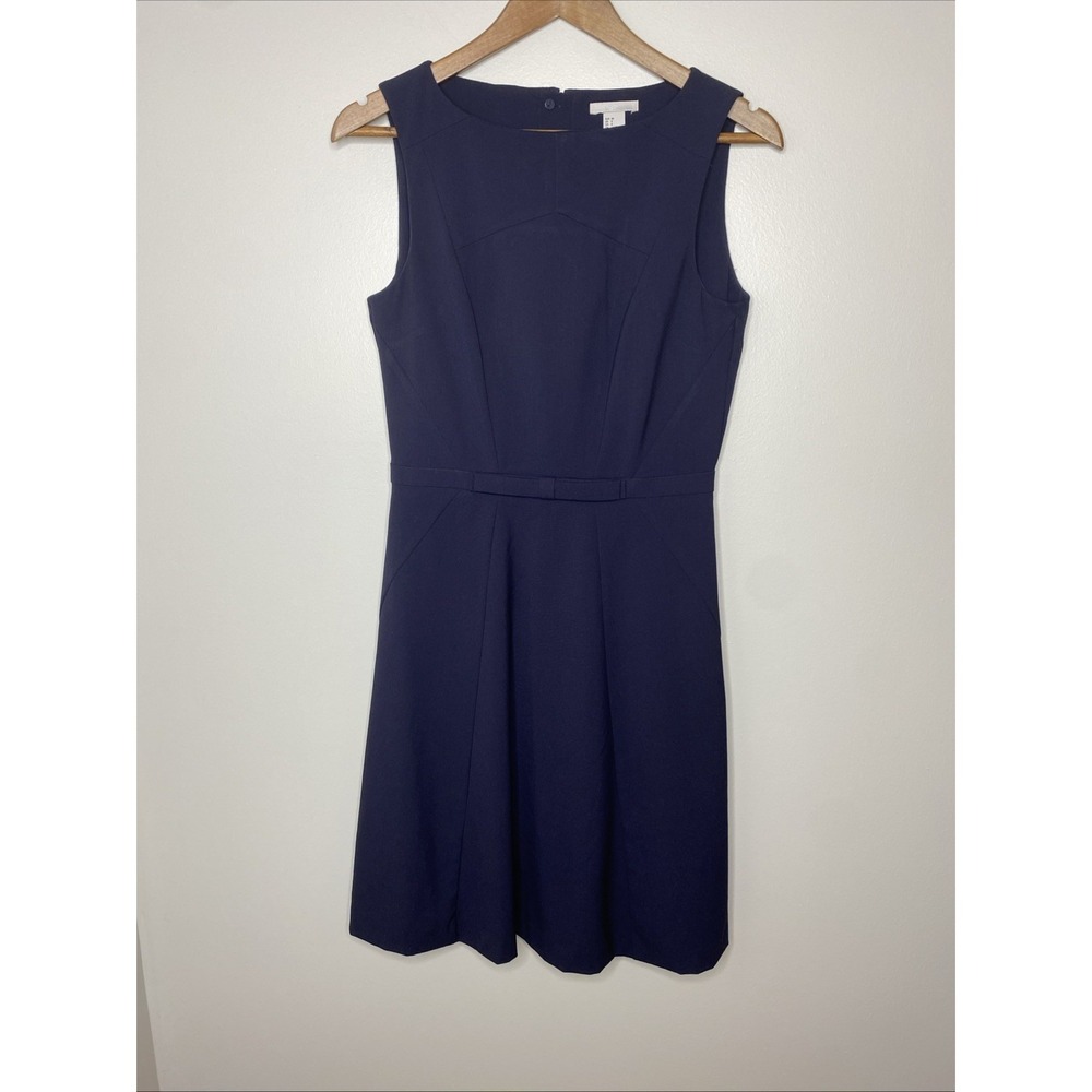 H&M Fit Flare Dress Blue Sleeveless Scoop Neck Zip Bow Accent Women Size 8